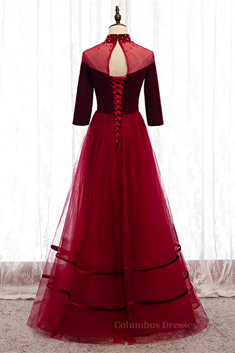 Prom Dresses Ball Gown, Red Beaded Illusion High Neck Sleeves Pleated Maxi Formal Dress with Buttons Main image