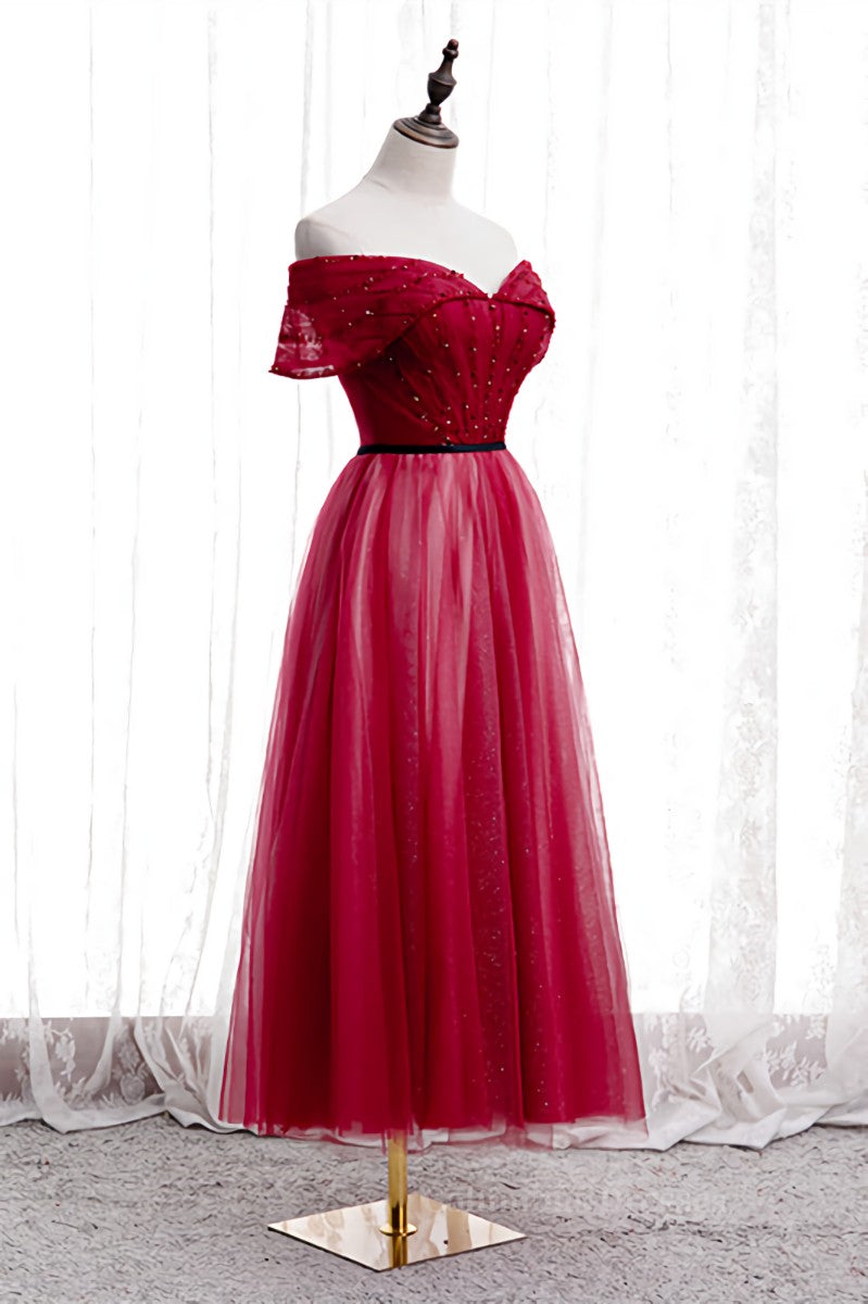 Red Folded Off-the-Shoulder Beaded Tea Length Formal Dress Secondary image