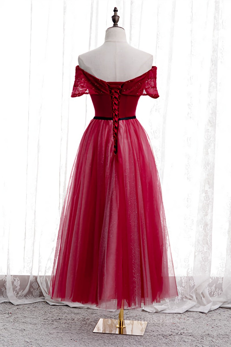 Prom Dresses Laced, Red Folded Off-the-Shoulder Beaded Tea Length Formal Dress Main image