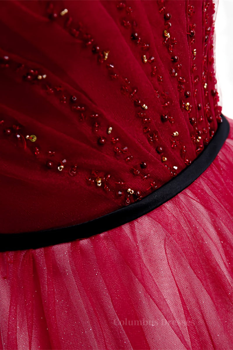 Prom Dress Lace, Red Folded Off-the-Shoulder Beaded Tea Length Formal Dress