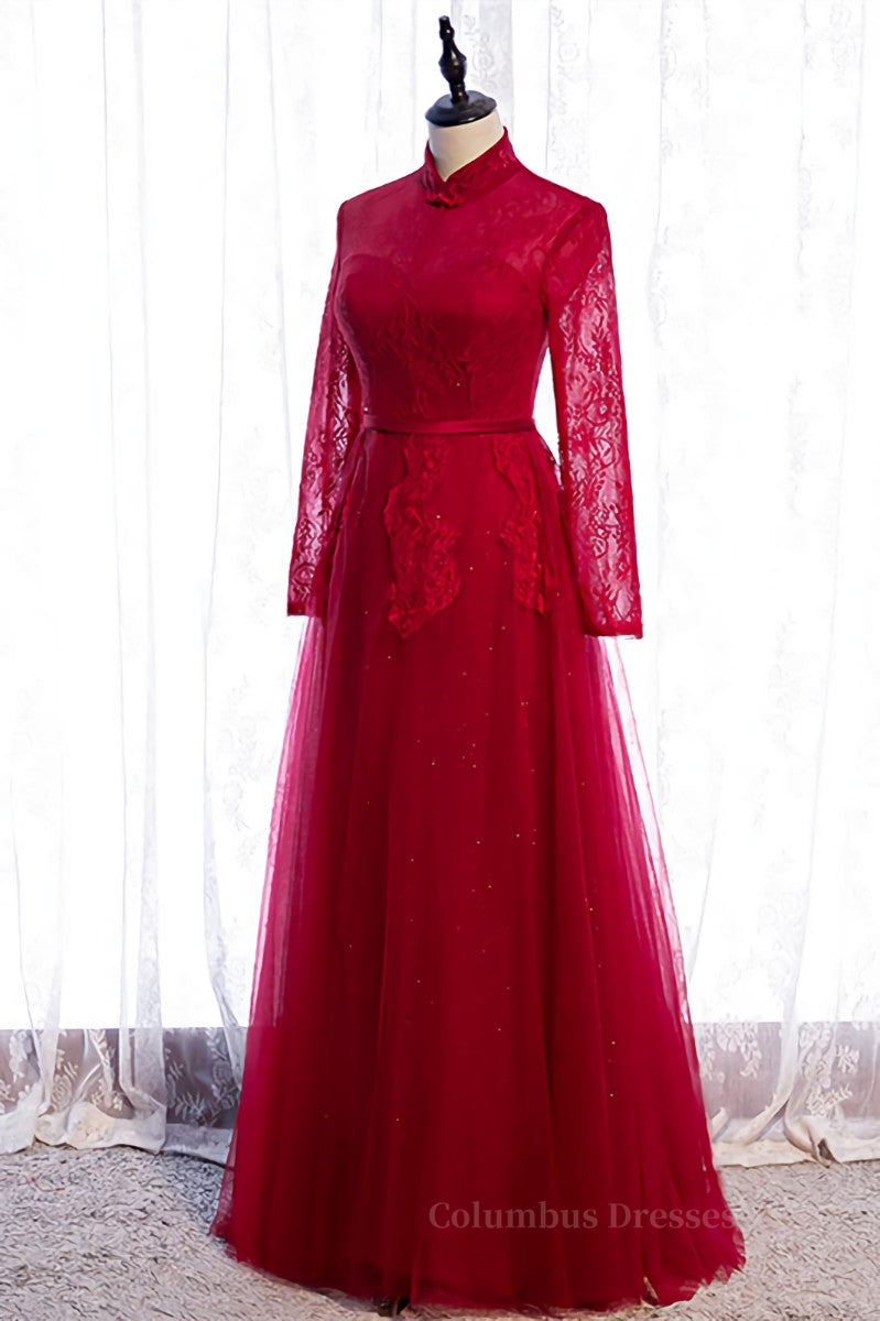 Red High Neck Long Sleeves Lace Appliques Maxi Formal Dress with Sash Secondary image
