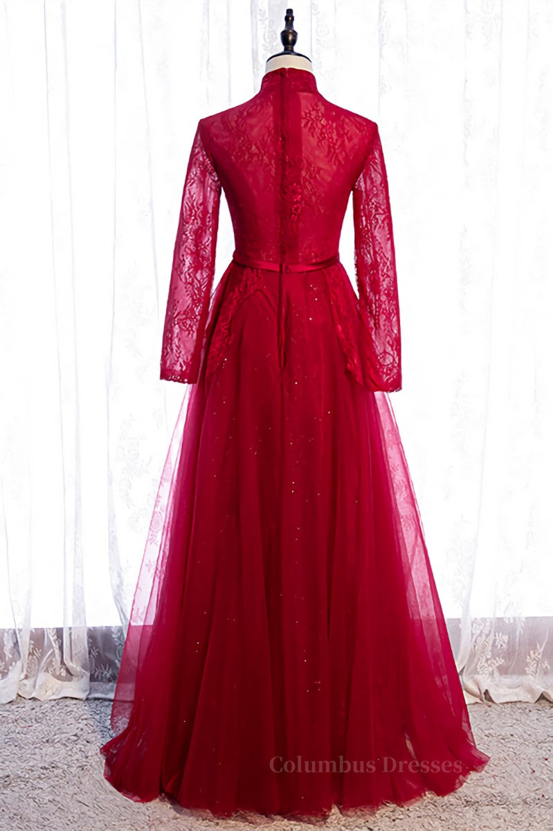 Homecoming Dresses Ideas, Red High Neck Long Sleeves Lace Appliques Maxi Formal Dress with Sash Main image