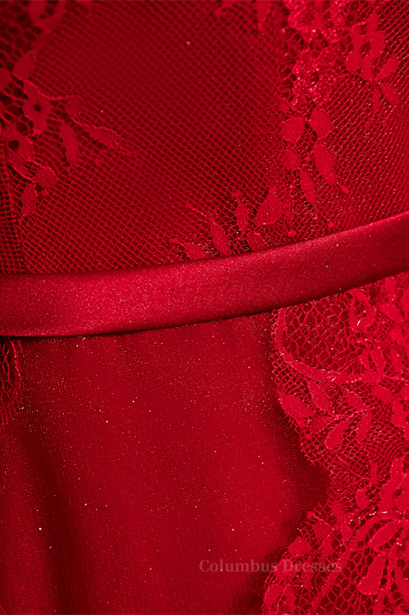 Homecoming Dress Ideas, Red High Neck Long Sleeves Lace Appliques Maxi Formal Dress with Sash