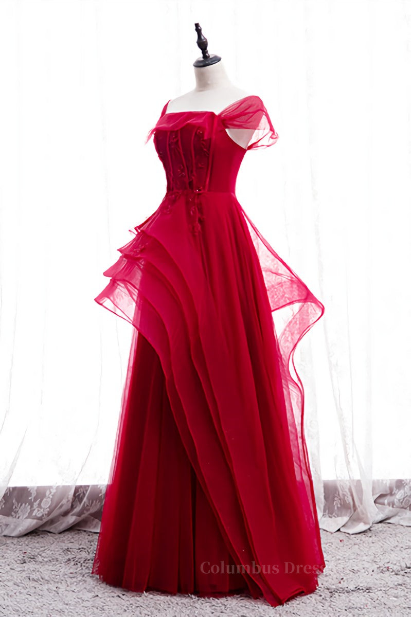 Red Illusion Cap Sleeves Multi-Layers Beaded Appliques Maxi Formal Dress Secondary image