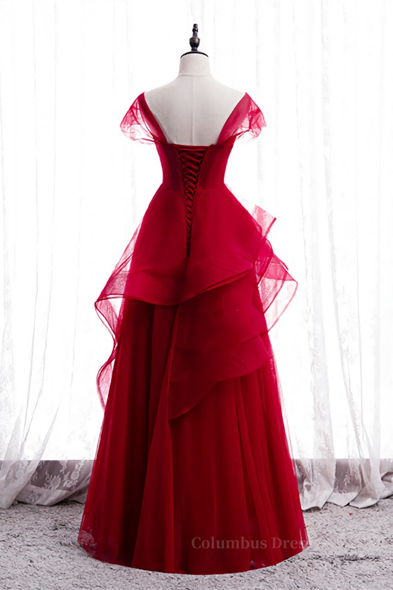 Prom Dress Designs, Red Illusion Cap Sleeves Multi-Layers Beaded Appliques Maxi Formal Dress Main image
