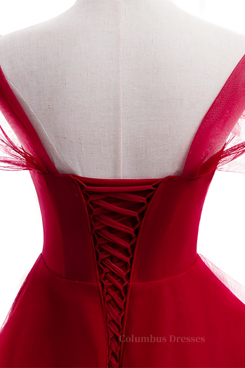 Prom Dress Website, Red Illusion Cap Sleeves Multi-Layers Beaded Appliques Maxi Formal Dress