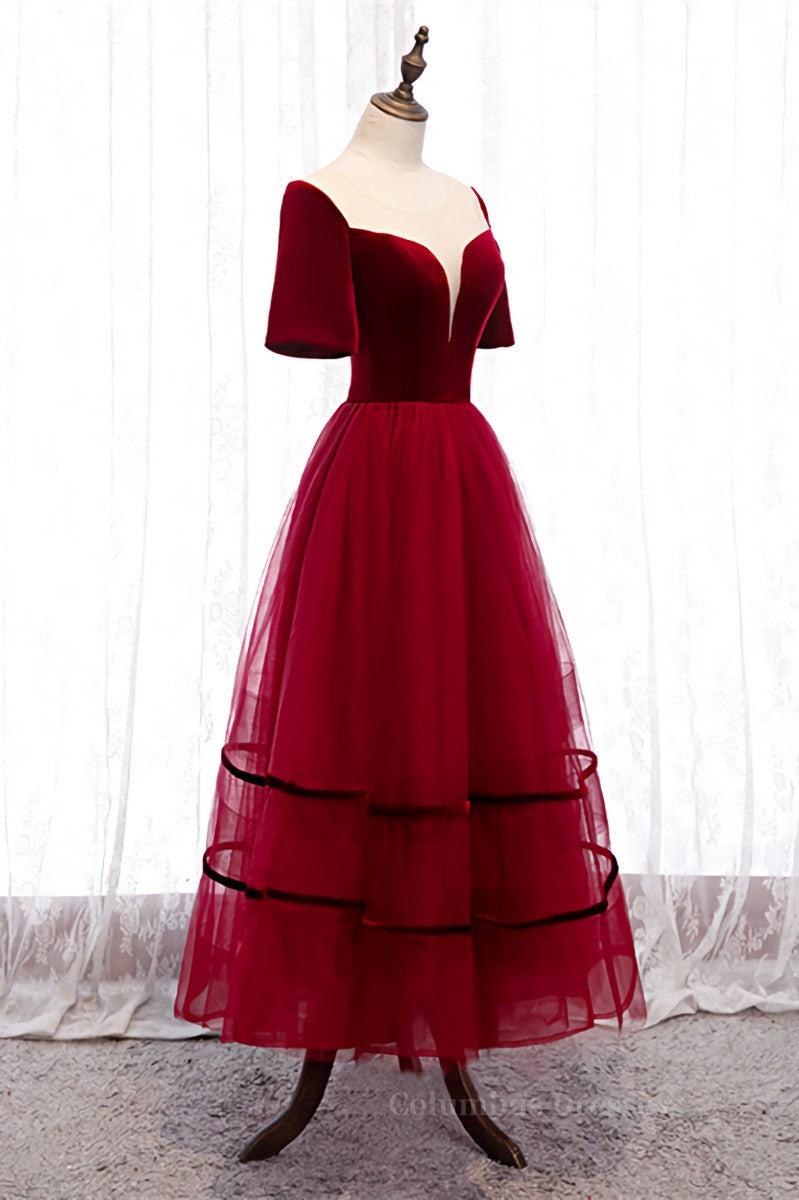 Red Illusion Deep V Neck Sleeves Straps Detail Tulle Ankle Length Formal Dress Secondary image
