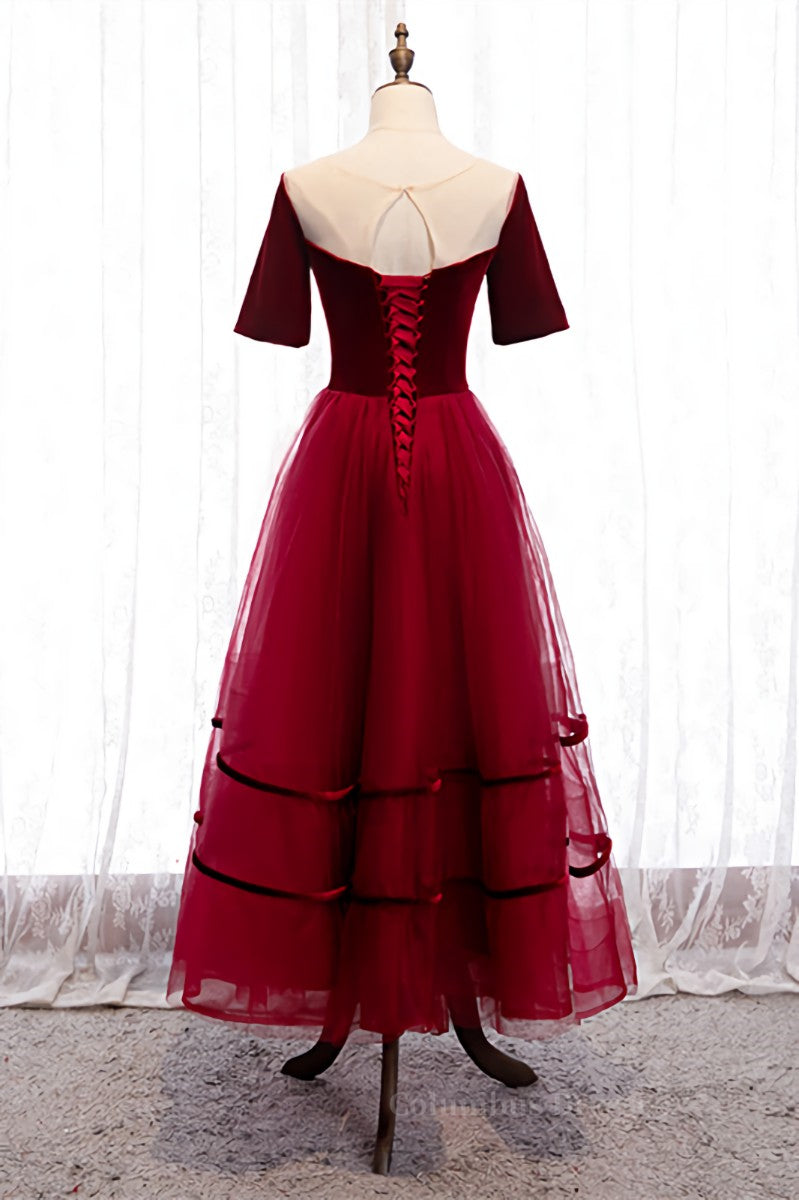 Prom Dresses Brand, Red Illusion Deep V Neck Sleeves Straps Detail Tulle Ankle Length Formal Dress Main image