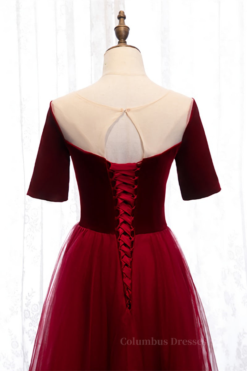 Prom Dresses For 052, Red Illusion Deep V Neck Sleeves Straps Detail Tulle Ankle Length Formal Dress