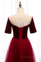 Prom Dresses For 052, Red Illusion Deep V Neck Sleeves Straps Detail Tulle Ankle Length Formal Dress