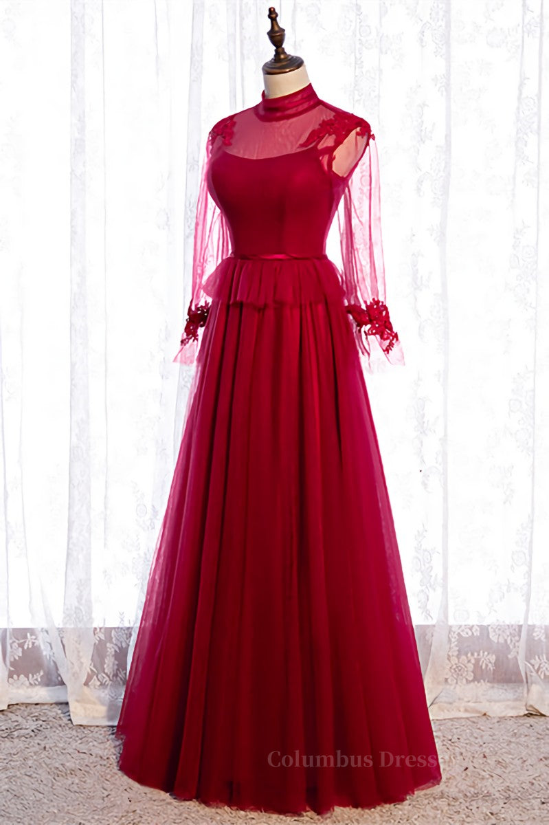 Red Illusion High Neck Long Sleeves Appliques Maxi Formal Dress Secondary image