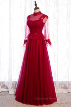 Evening Dresses For Over 80, Red Illusion High Neck Long Sleeves Appliques Maxi Formal Dress
