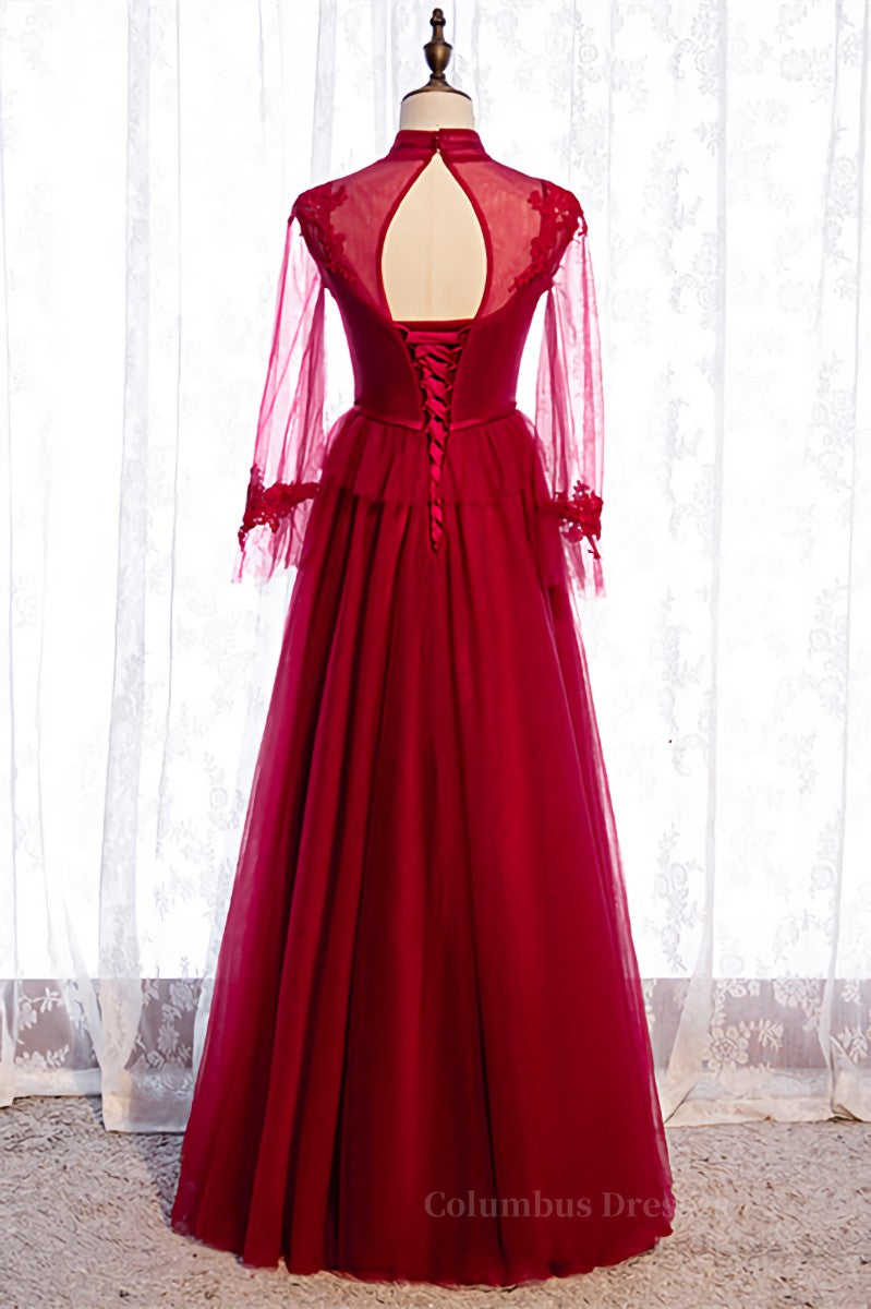 Evening Dresses For Over 80S, Red Illusion High Neck Long Sleeves Appliques Maxi Formal Dress Main image