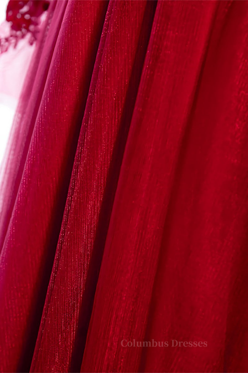 Evening Dress Suit, Red Illusion High Neck Long Sleeves Appliques Maxi Formal Dress