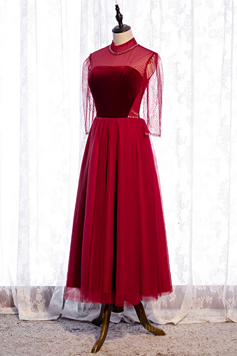 Red Illusion High Neck Long Sleeves Beaded Tulle Ankle Length Formal Dress Secondary image