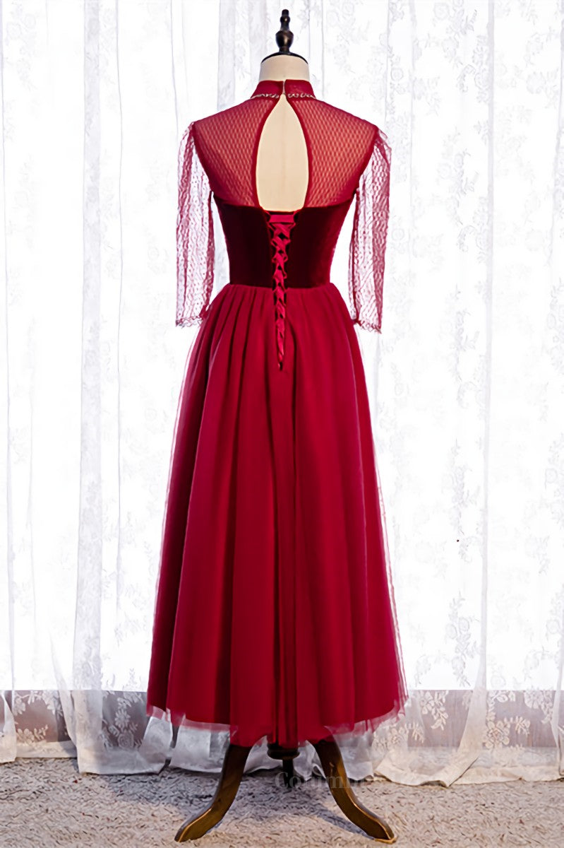 Evening Dresses 1950S, Red Illusion High Neck Long Sleeves Beaded Tulle Ankle Length Formal Dress Main image