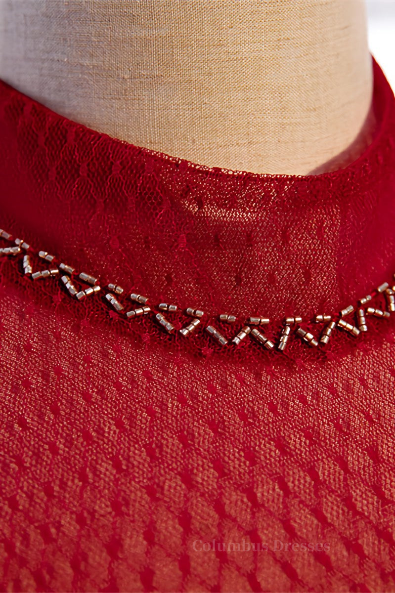 Evening Dress 1950, Red Illusion High Neck Long Sleeves Beaded Tulle Ankle Length Formal Dress