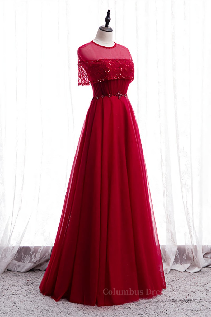 Red Illusion Jewel Neck Rhinestone Beaded Crepe Maxi Formal Dress Secondary image
