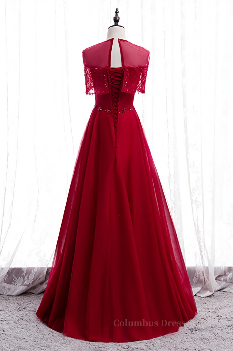 Prom Dress Dresses, Red Illusion Jewel Neck Rhinestone Beaded Crepe Maxi Formal Dress Main image