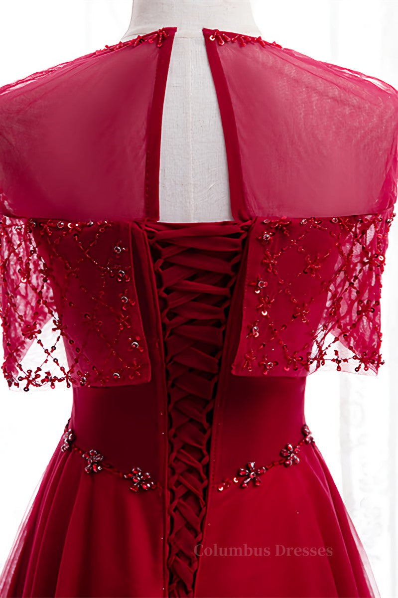 Prom Dresses Dress, Red Illusion Jewel Neck Rhinestone Beaded Crepe Maxi Formal Dress