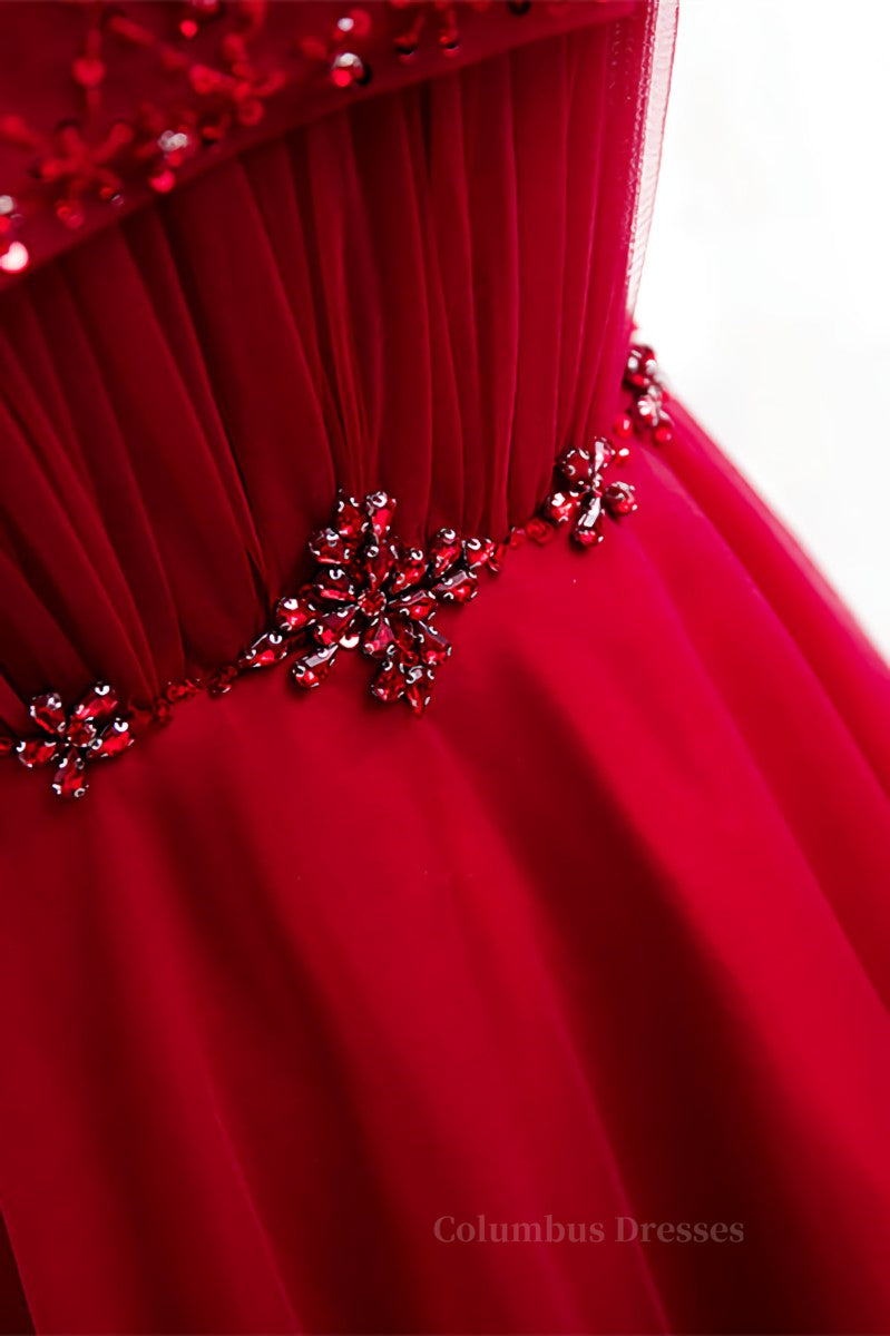 Prom Dresses Corset, Red Illusion Jewel Neck Rhinestone Beaded Crepe Maxi Formal Dress