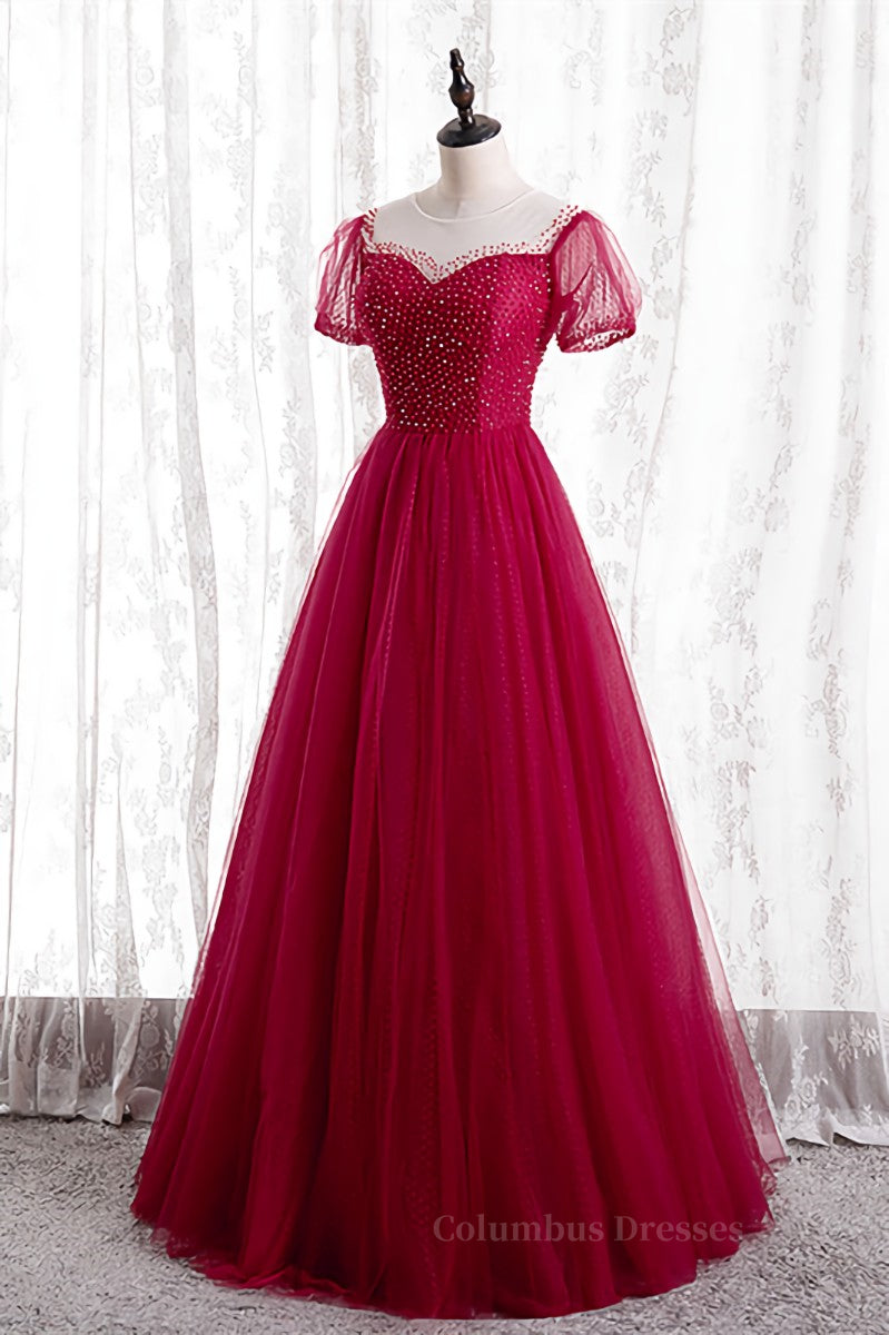 Red Illusion Neck Sheer Puff Sleeves Beaded Tulle Long Formal Dress Secondary image