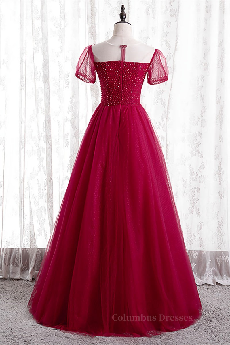 Summer Wedding Guest Dress, Red Illusion Neck Sheer Puff Sleeves Beaded Tulle Long Formal Dress Main image