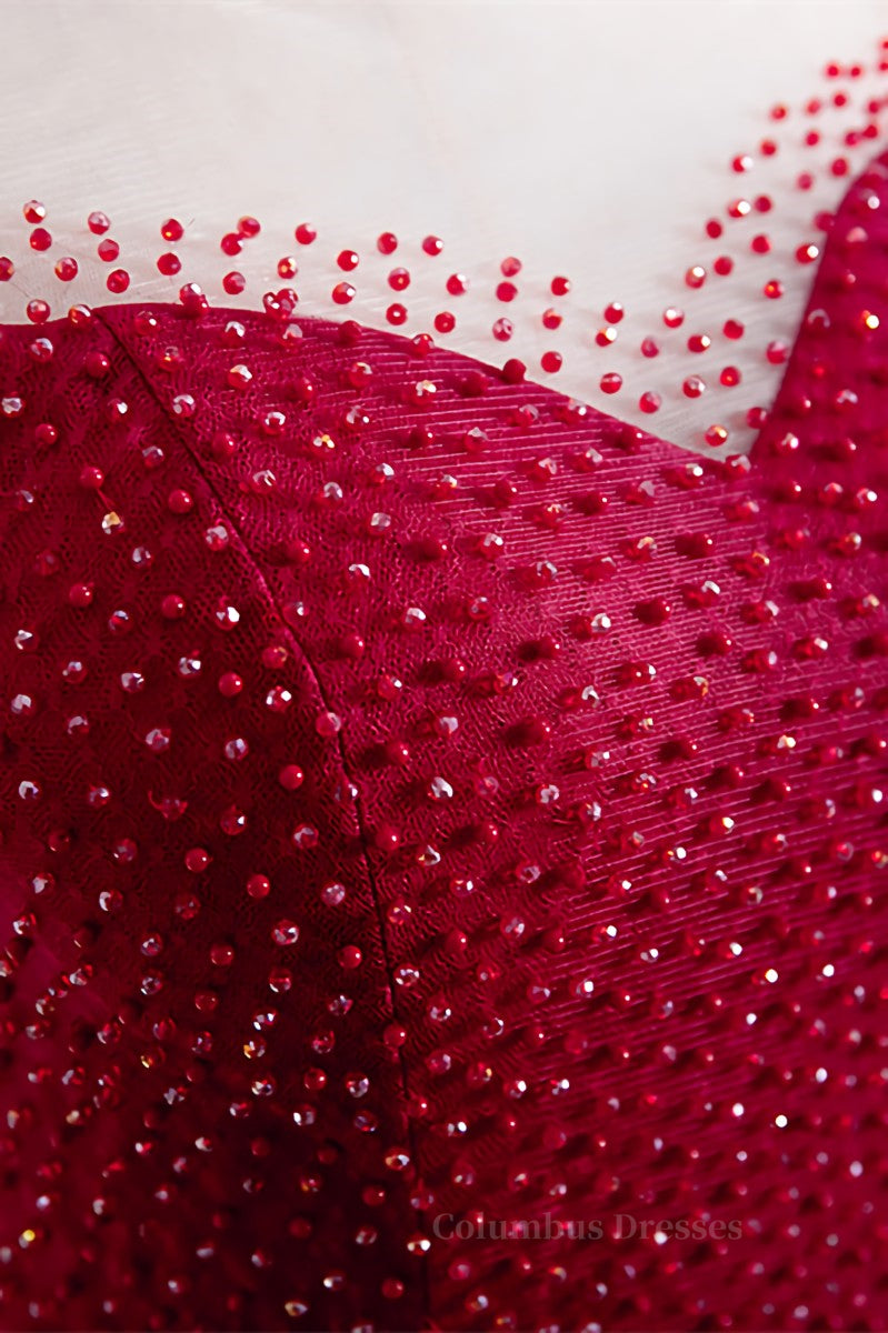 Open Back Prom Dress, Red Illusion Neck Sheer Puff Sleeves Beaded Tulle Long Formal Dress