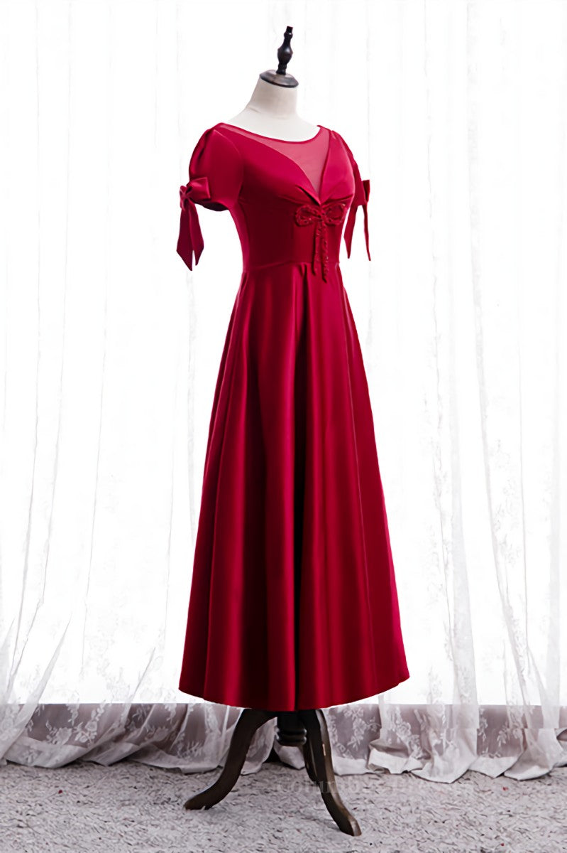 Red Illusion V Neck Sleeves Beaded Tea Length Formal Dress with Bows Secondary image
