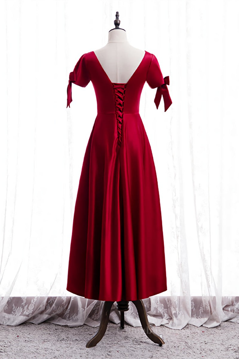 Prom Dress Gowns, Red Illusion V Neck Sleeves Beaded Tea Length Formal Dress with Bows Main image