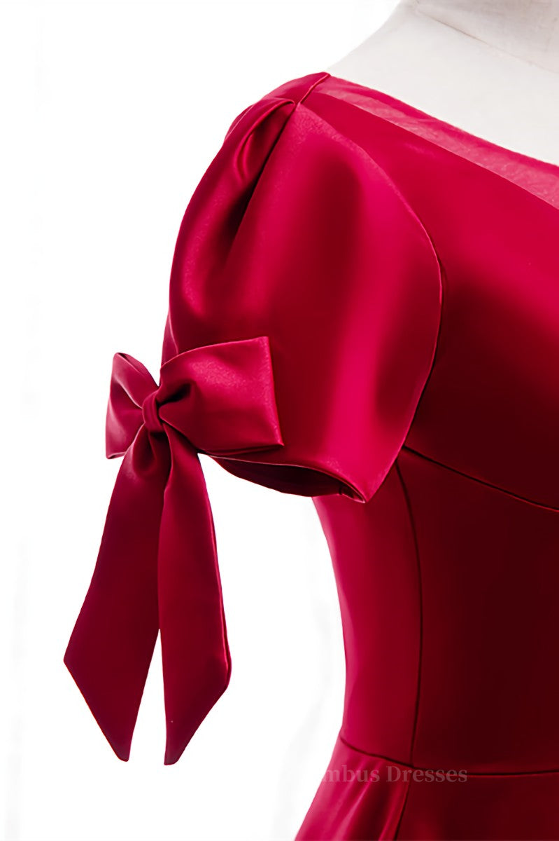 Prom Dress For Short Girl, Red Illusion V Neck Sleeves Beaded Tea Length Formal Dress with Bows