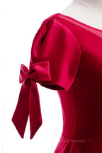 Prom Dress For Short Girl, Red Illusion V Neck Sleeves Beaded Tea Length Formal Dress with Bows
