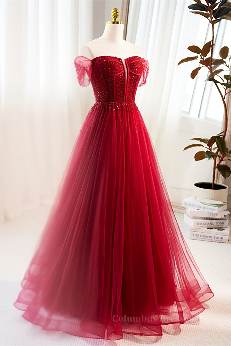 Red Off-Shoulder Beaded A-line Tulle Long Prom Dress Secondary image