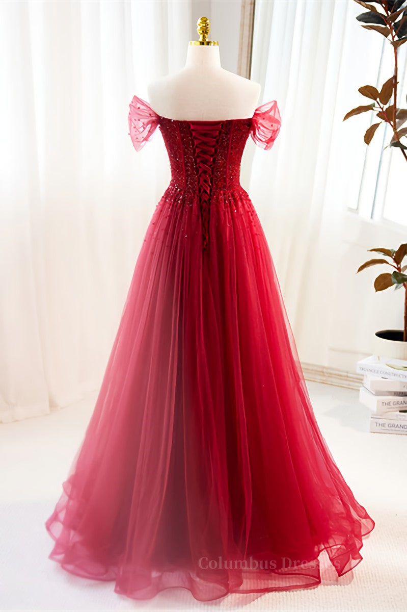 Party Dresses Teens, Red Off-Shoulder Beaded A-line Tulle Long Prom Dress Main image