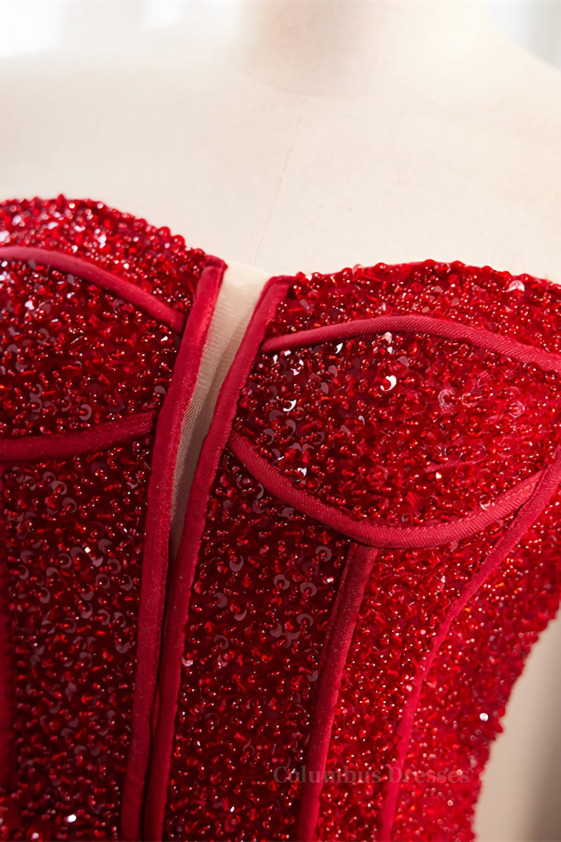 Party Dresses Teen, Red Off-Shoulder Beaded A-line Tulle Long Prom Dress