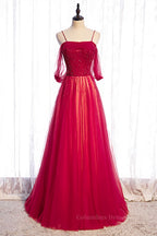 Evening Dresses Australia, Red Off-the-Shoulder Beaded Straps Lace-Up Maxi Formal Dress