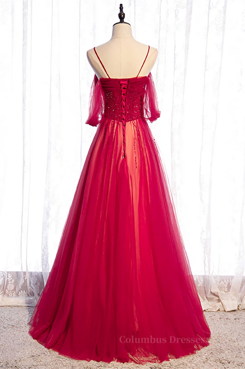 Evening Dresses Cocktail, Red Off-the-Shoulder Beaded Straps Lace-Up Maxi Formal Dress Main image