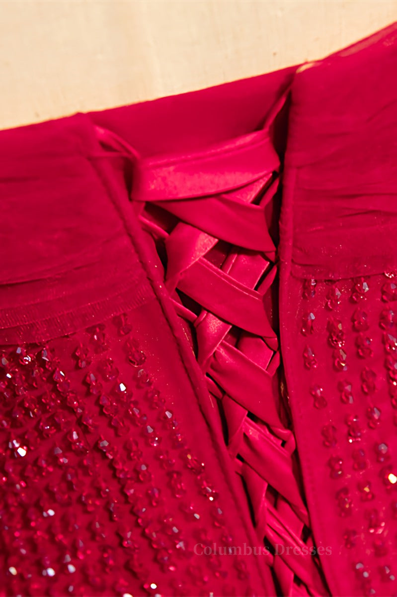 Evening Dress Vintage, Red Off-the-Shoulder Beaded Straps Lace-Up Maxi Formal Dress