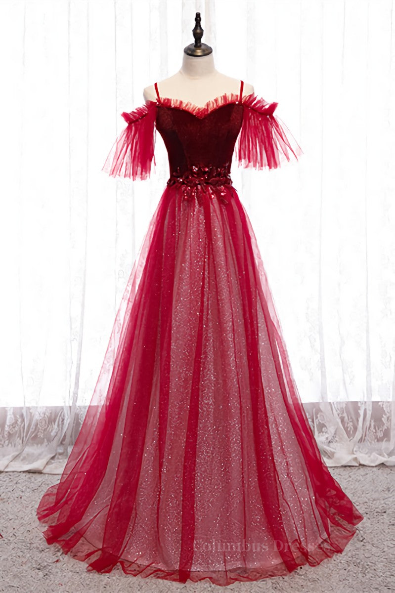 Prom Dresses With Long Sleeves, Red Off-the-Shoulder Straps Beaded Appliques Maxi Formal Dress