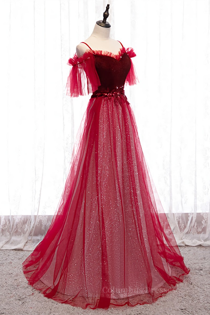 Prom Dress Casual, Red Off-the-Shoulder Straps Beaded Appliques Maxi Formal Dress