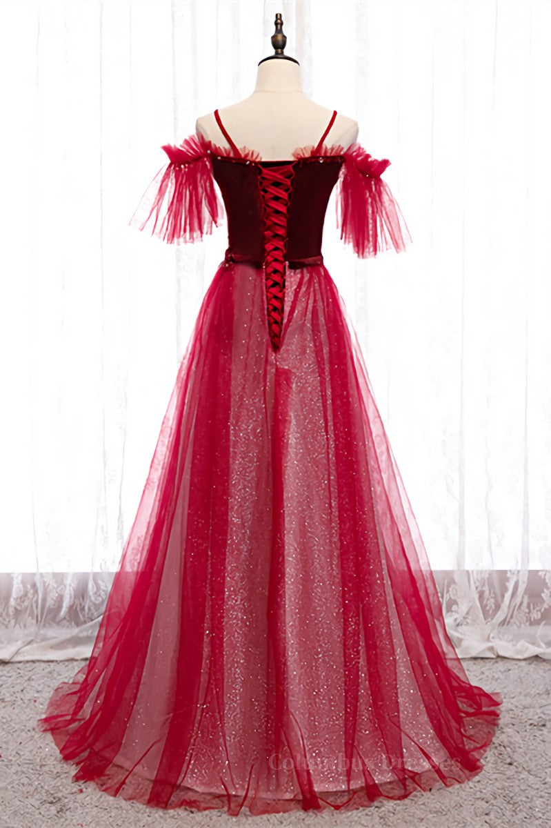 Prom Dresses Sale, Red Off-the-Shoulder Straps Beaded Appliques Maxi Formal Dress Main image