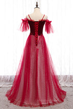 Prom Dresses Sale, Red Off-the-Shoulder Straps Beaded Appliques Maxi Formal Dress
