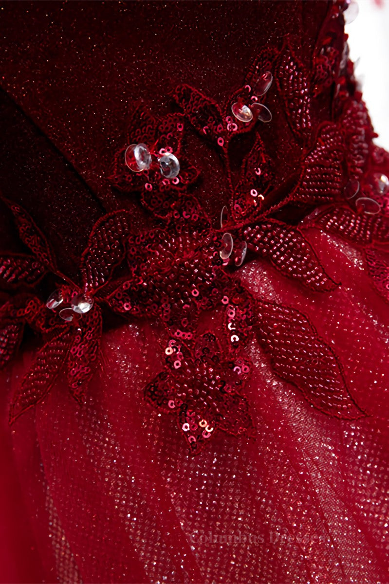 Prom Dress Red, Red Off-the-Shoulder Straps Beaded Appliques Maxi Formal Dress