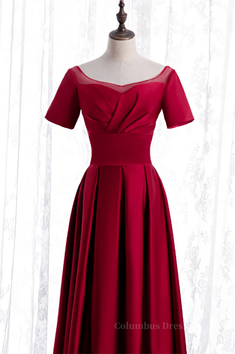 Prom Dresses 31, Red Satin A-line Pleated Sleeves Tea Length Formal Dress