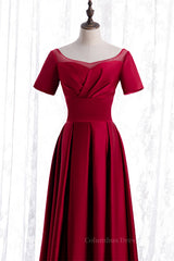 Prom Dresses 31, Red Satin A-line Pleated Sleeves Tea Length Formal Dress