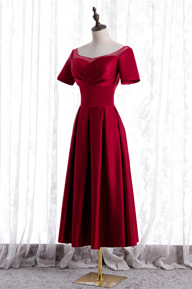 Red Satin A-line Pleated Sleeves Tea Length Formal Dress Secondary image