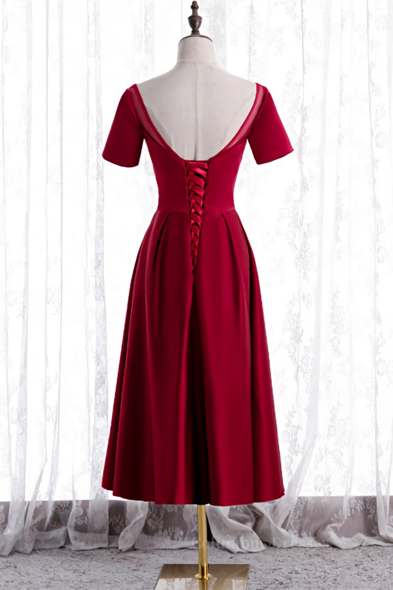 Prom Dress Under 81, Red Satin A-line Pleated Sleeves Tea Length Formal Dress Main image