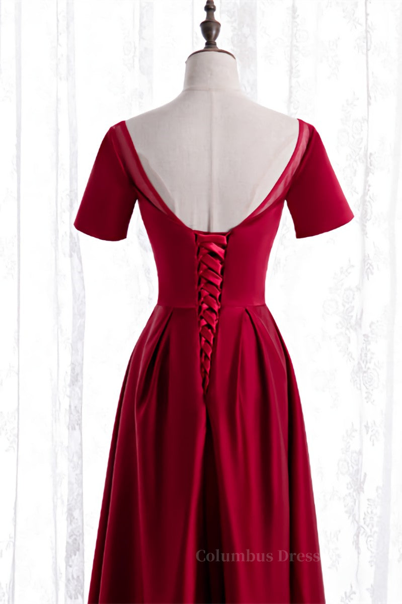 Prom Dresses 2053 Ball Gown, Red Satin A-line Pleated Sleeves Tea Length Formal Dress