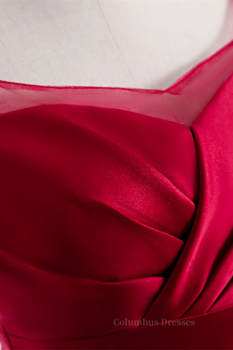 Prom Dress Black, Red Satin A-line Pleated Sleeves Tea Length Formal Dress