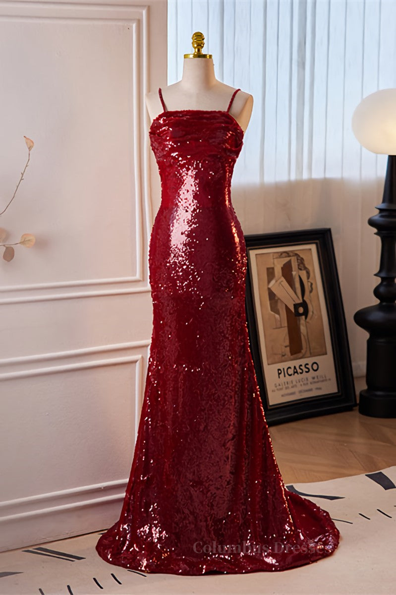 Party Dresses Near Me, Red Sequins Mermaid Straps Lace-Up Long Prom Dress